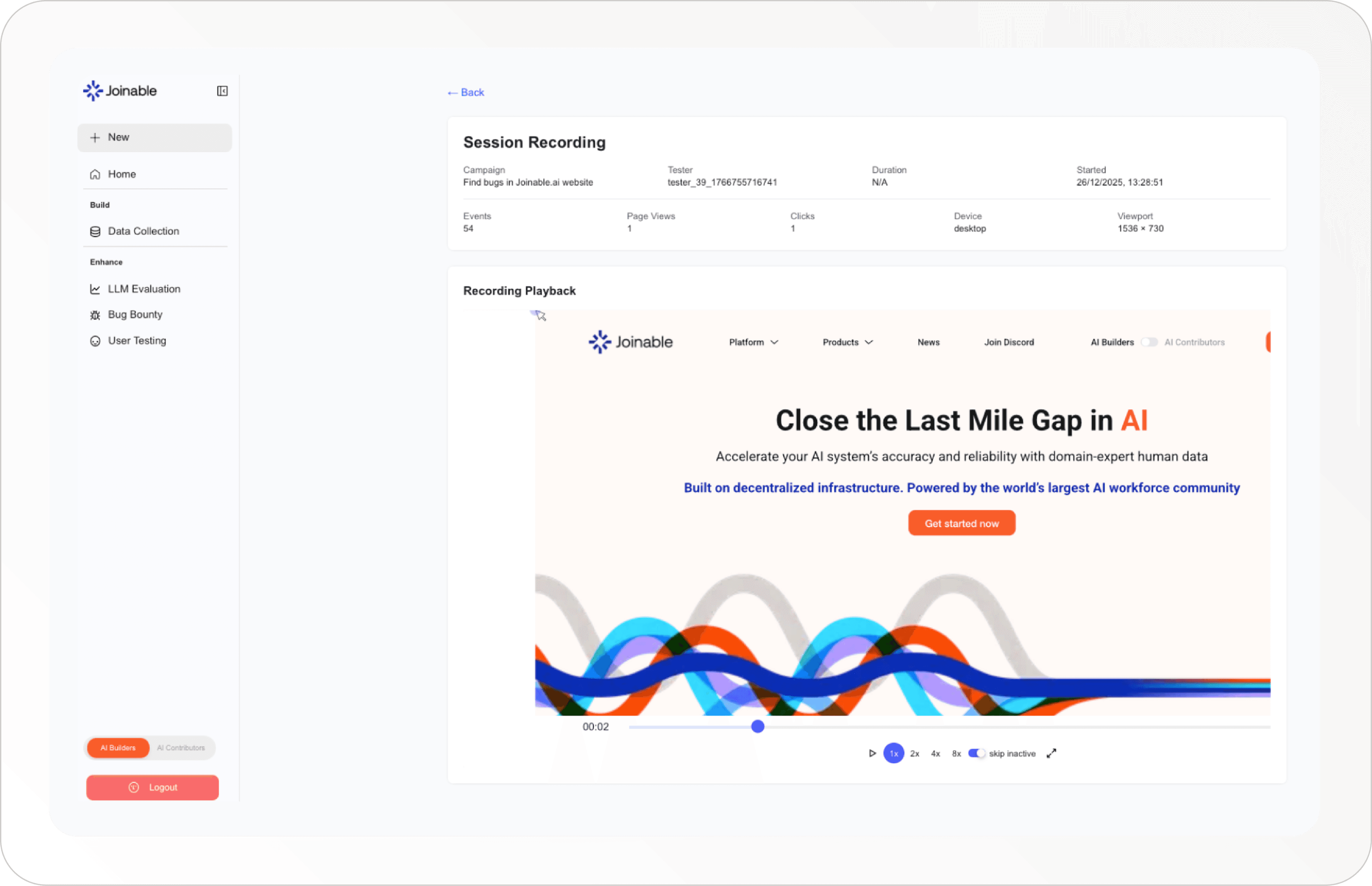 Session recording playback interface showing how Joinable captures bugs